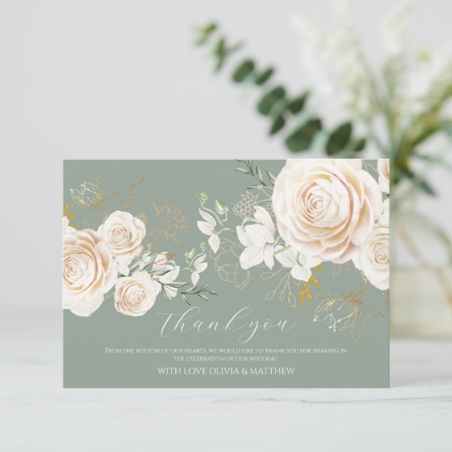 Tarjeta De Agradecimiento Elegant Garden Roses Sage Green Gold Wedding (Anverso de pie)