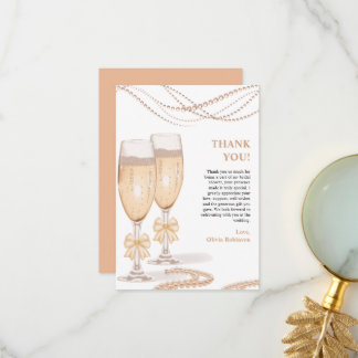 Tarjeta De Agradecimiento Elegant Gold Bow Pearls and Prosecco Bridal Shower