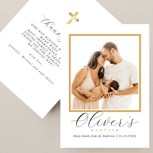 Tarjeta De Agradecimiento Elegant Gold Cross Baby´s Baptism Photo Script (Subido por el creador)