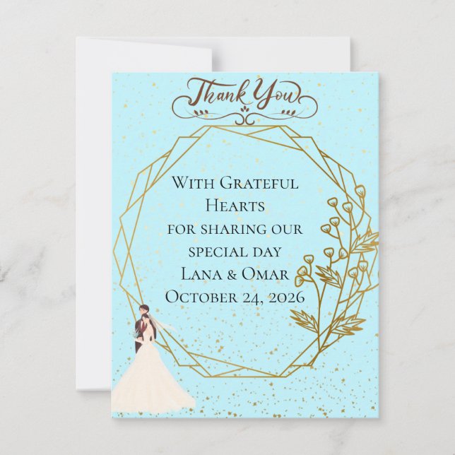 Tarjeta De Agradecimiento Elegant Gold Geometric Dusty Blue Wedding (Anverso)