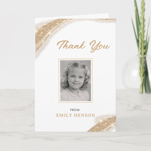 Tarjeta De Agradecimiento Elegant Gold Glitter Photo Birthday (Anverso)