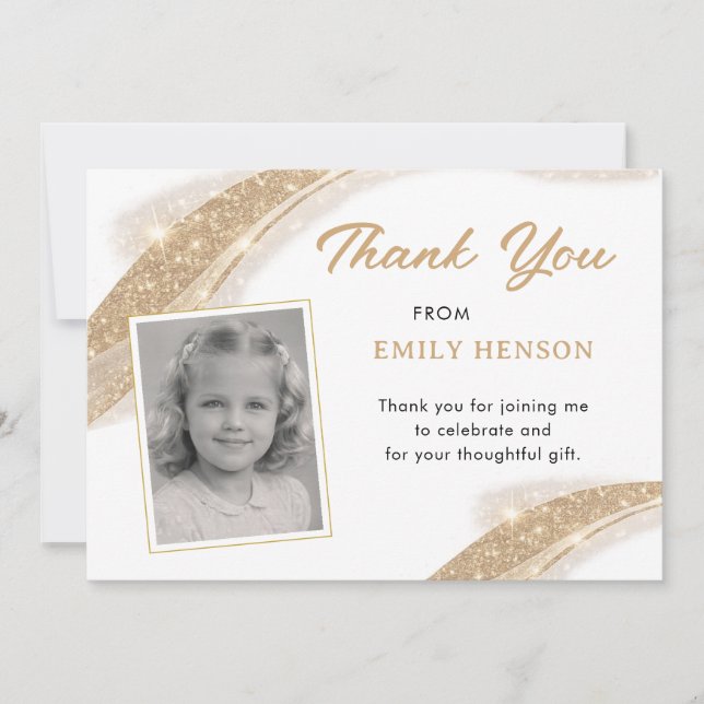 Tarjeta De Agradecimiento Elegant Gold Glitter Photo Birthday (Anverso)