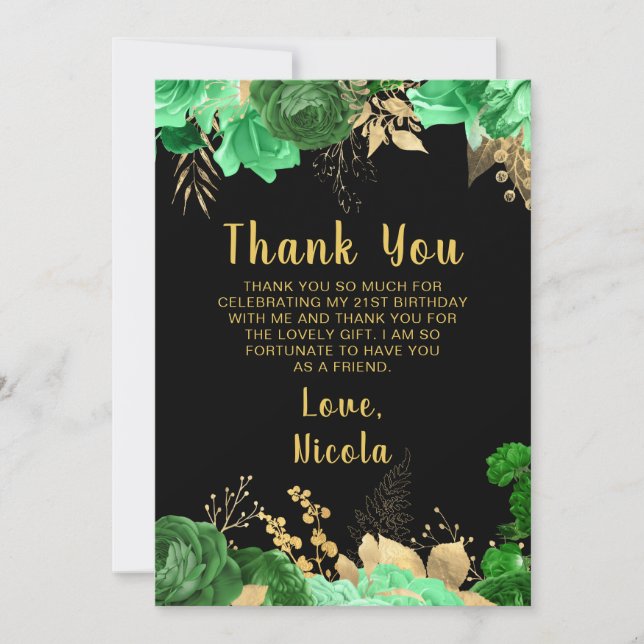 Tarjeta De Agradecimiento Elegant Green and Gold Flowers Birthday Party (Anverso)