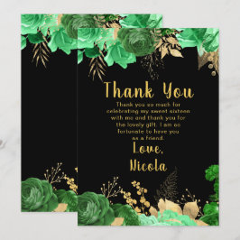Tarjeta De Agradecimiento Elegant Green and Gold Flowers Sweet Sixteen