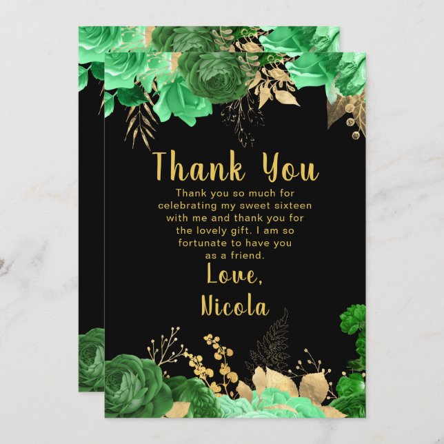 Tarjeta De Agradecimiento Elegant Green and Gold Flowers Sweet Sixteen (Anverso / Reverso)