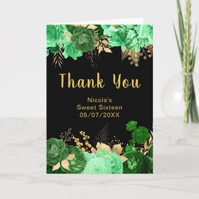 Tarjeta De Agradecimiento Elegant Green and Gold Flowers Sweet Sixteen (Anverso)