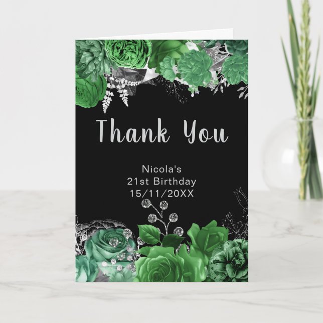 Tarjeta De Agradecimiento Elegant Green and Silver Flowers Birthday Party  (Anverso)