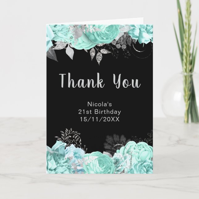 Tarjeta De Agradecimiento Elegant Green and Silver Flowers Birthday Party (Anverso)