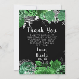 Tarjeta De Agradecimiento Elegant Green and Silver Flowers Birthday Party 