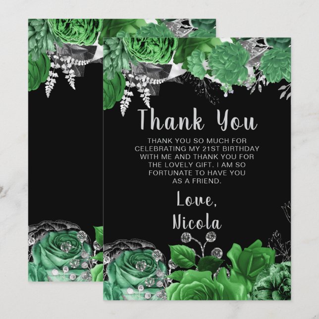 Tarjeta De Agradecimiento Elegant Green and Silver Flowers Birthday Party  (Anverso / Reverso)