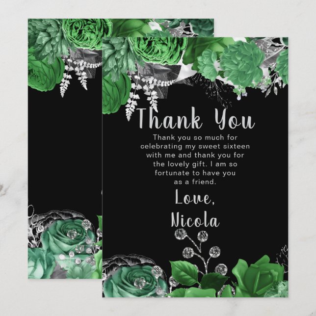 Tarjeta De Agradecimiento Elegant Green and Silver Flowers Sweet Sixteen  (Anverso / Reverso)