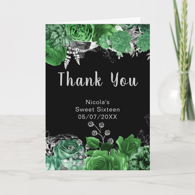 Tarjeta De Agradecimiento Elegant Green and Silver Flowers Sweet Sixteen  (Anverso)