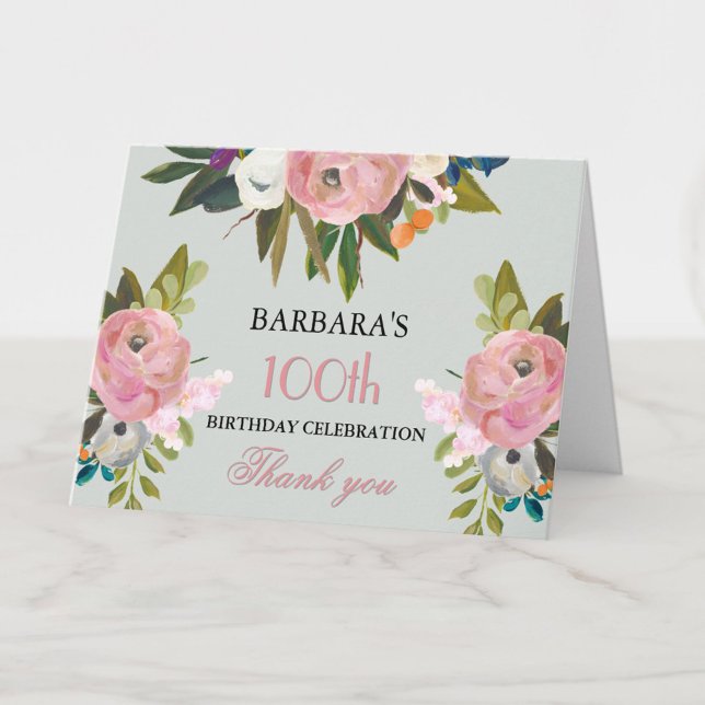 Tarjeta De Agradecimiento Elegant Handpainted Floral 100th Birthday Party  (Subido por el creador)