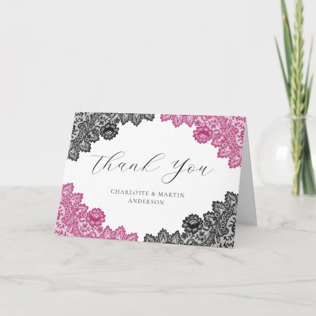 Tarjeta De Agradecimiento Elegant Hot Pink and Black Floral Lace Wedding (Anverso)