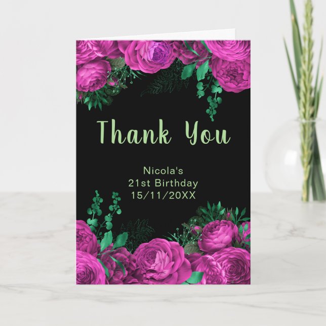 Tarjeta De Agradecimiento Elegant Hot Pink Flowers Birthday Party (Anverso)