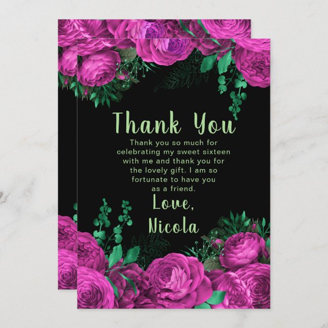 Tarjeta De Agradecimiento Elegant Hot Pink Flowers Sweet Sixteen (Anverso / Reverso)