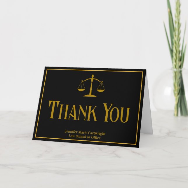 Tarjeta De Agradecimiento Elegant Law School Graduation Black Gold Lawyer (Anverso)
