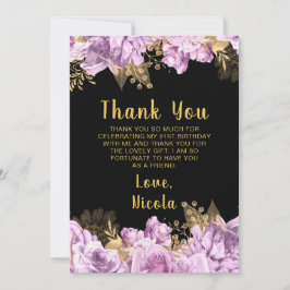 Tarjeta De Agradecimiento Elegant Lilac and Gold Flowers Birthday Party