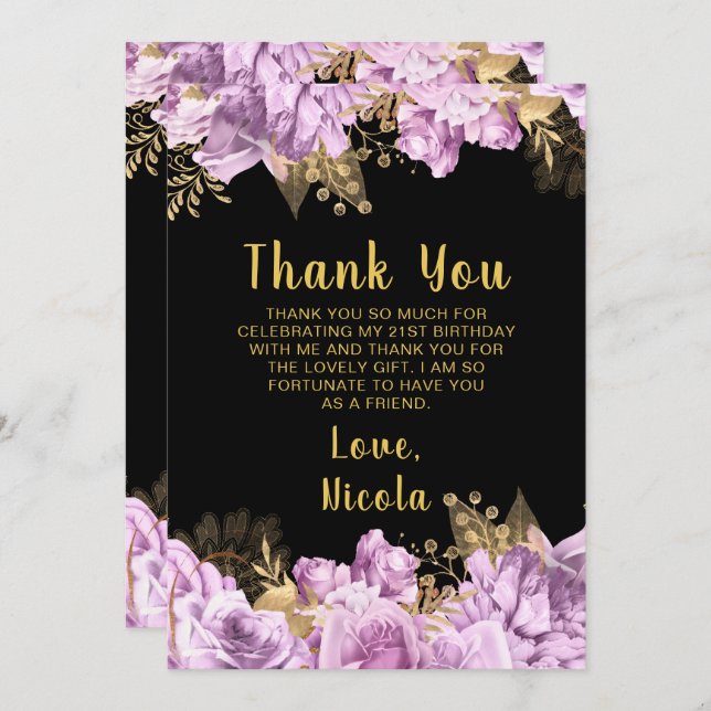 Tarjeta De Agradecimiento Elegant Lilac and Gold Flowers Birthday Party (Anverso / Reverso)