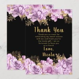 Tarjeta De Agradecimiento Elegant Lilac and Gold Flowers Sweet Sixteen