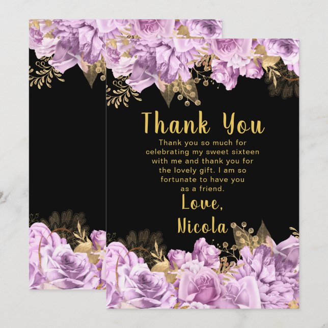 Tarjeta De Agradecimiento Elegant Lilac and Gold Flowers Sweet Sixteen (Anverso / Reverso)