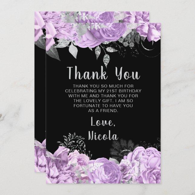 Tarjeta De Agradecimiento Elegant Lilac and Silver Flowers Birthday Party (Anverso / Reverso)