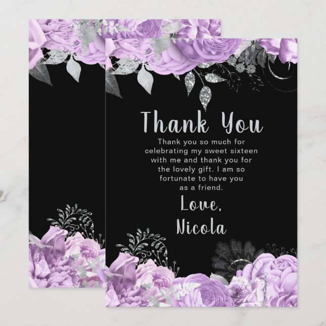 Tarjeta De Agradecimiento Elegant Lilac and Silver Flowers Sweet Sixteen (Anverso / Reverso)