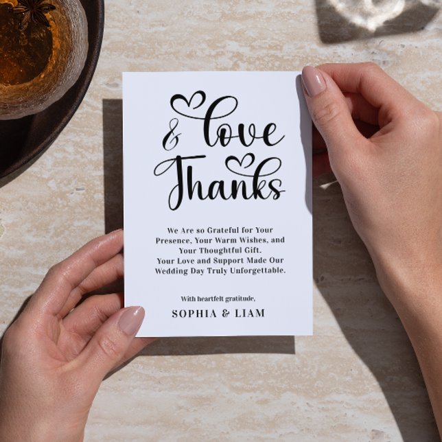 Tarjeta De Agradecimiento Elegant Love and Thanks Heart Script Wedding  (Elegant Love and Thanks Heart Script Wedding Thank You Card black and white simple wedding heart )