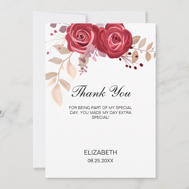 Tarjeta De Agradecimiento Elegant Maroon Rose Floral Greenery Birthday (Anverso)