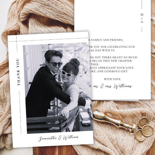 Tarjeta De Agradecimiento Elegant Minimalist Black White Photo Wedding Thank (Subido por el creador)
