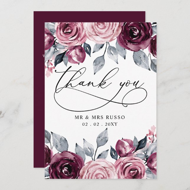 Tarjeta De Agradecimiento Elegant Modern Botanical Burgundy Floral Wedding (Anverso / Reverso)