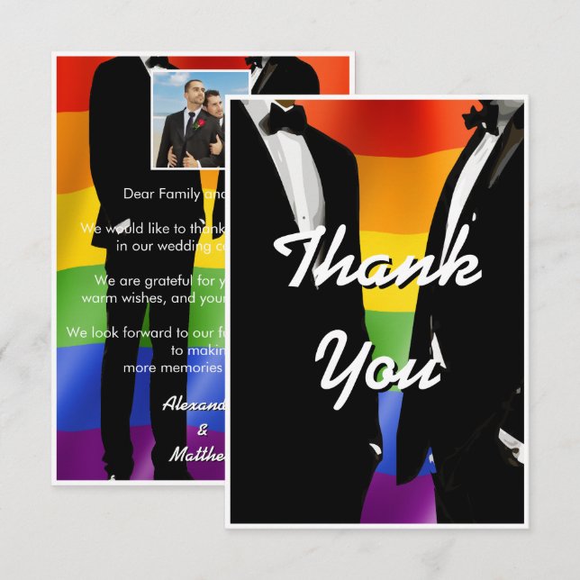 Tarjeta De Agradecimiento Elegant Modern Gay Men Wedding Rainbow (Anverso / Reverso)