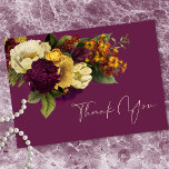 Tarjeta De Agradecimiento Elegant Moody Jewel Vintage Floral Wine Wedding<br><div class="desc">Elevate your wedding stationery with this dark and moody floral wedding thank you card, designed for couples who love timeless elegance with a dramatic edge. Set against a soft burgundy wine background, the design features lush vintage-inspired floral bouquets in cream, white, burgundy, yellow, orange, and navy tones—evoking a romantic, old-world...</div>