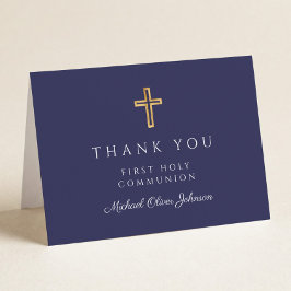 Tarjeta De Agradecimiento Elegant Navy Blue Boy First Communion 