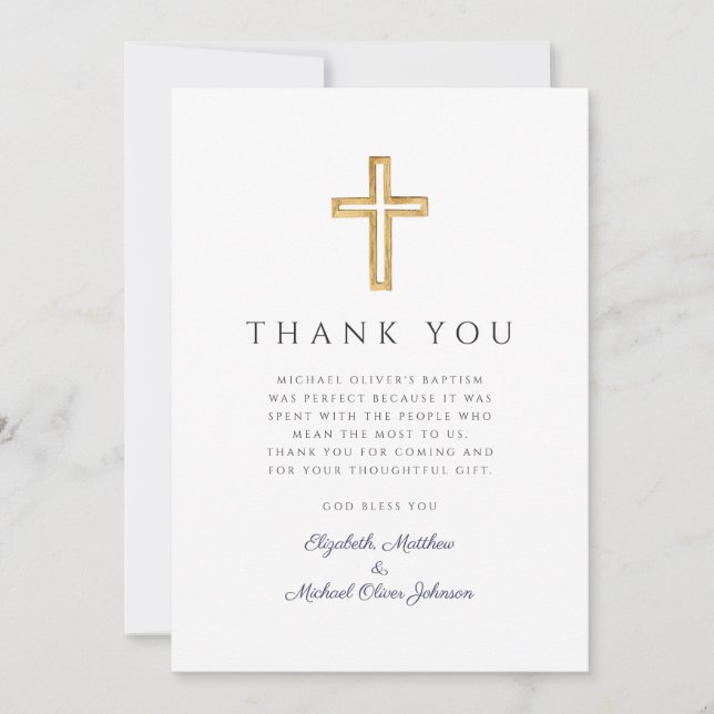 Tarjeta De Agradecimiento Elegant Navy Blue Cross Boy Baptism (Anverso)