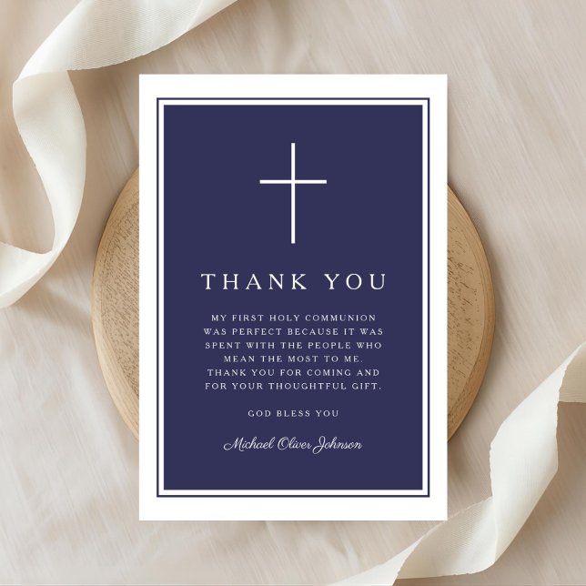 Tarjeta De Agradecimiento Elegant Navy Blue Cross Boy First Communion (Elegant Navy Blue Cross Boy First Communion Thank You Card)