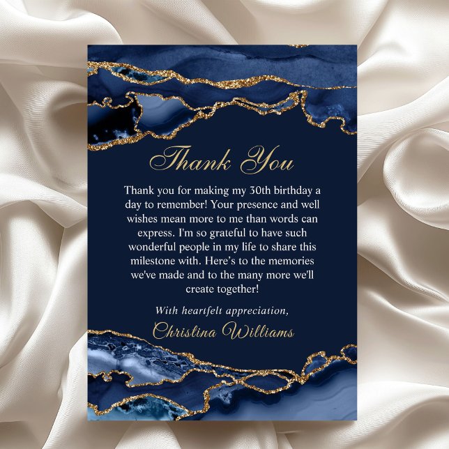 Tarjeta De Agradecimiento Elegant Navy Blue & Gold Birthday Party Thank you (Blue and Gold Birthday party thank you card)