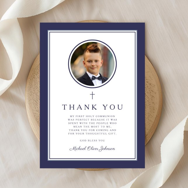 Tarjeta De Agradecimiento Elegant Navy Blue Photo Boy First Communion (Elegant Navy Blue Photo Boy First Communion Thank You Card)