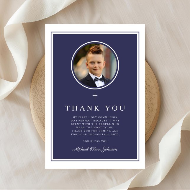 Tarjeta De Agradecimiento Elegant Navy Blue Photo Boy First Communion (Elegant Navy Blue Photo Boy First Communion Thank You Card)