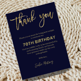 Tarjeta De Agradecimiento Elegant Navy Gold 70th Birthday Thank You Card