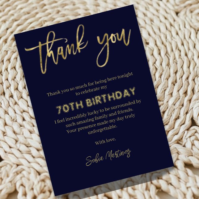 Tarjeta De Agradecimiento Elegant Navy Gold 70th Birthday Thank You Card (Subido por el creador)