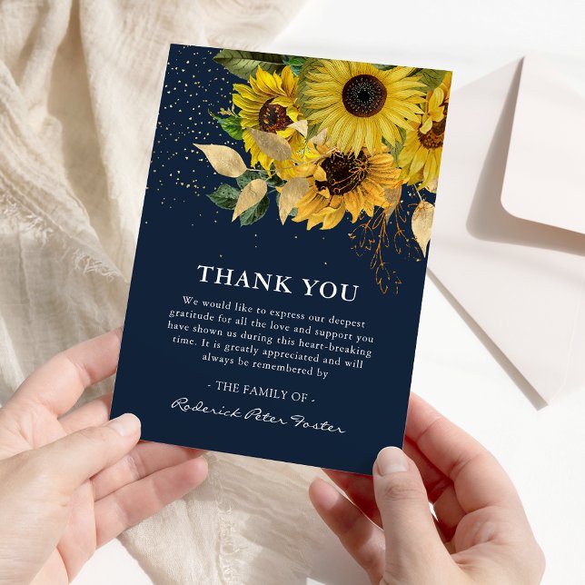 Tarjeta De Agradecimiento Elegant Navy Sunflower & Gold Sympathy Memorial (Subido por el creador)