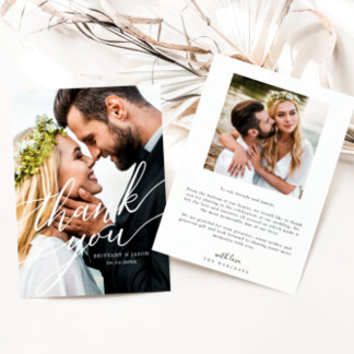 Tarjeta De Agradecimiento Elegant Overlay Hand Lettered Script Wedding Photo
