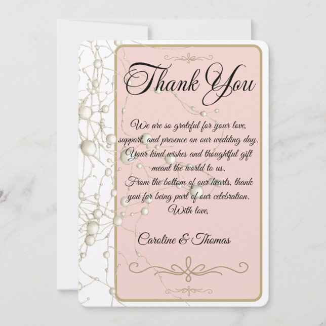 Tarjeta De Agradecimiento Elegant Pearl Gold Script Wedding Romantic Pearls (Anverso)