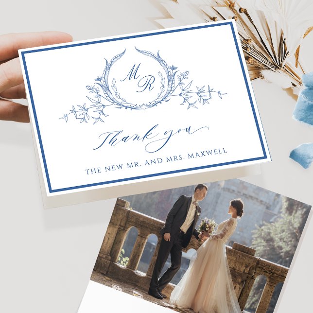 Tarjeta De Agradecimiento Elegant Photo, Blue Classic Monogram Wedding (Subido por el creador)
