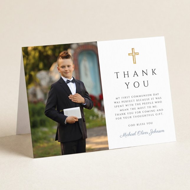Tarjeta De Agradecimiento Elegant Photo Boy First Communion Folded (Elegant Photo Boy First Communion Folded Thank You Card)