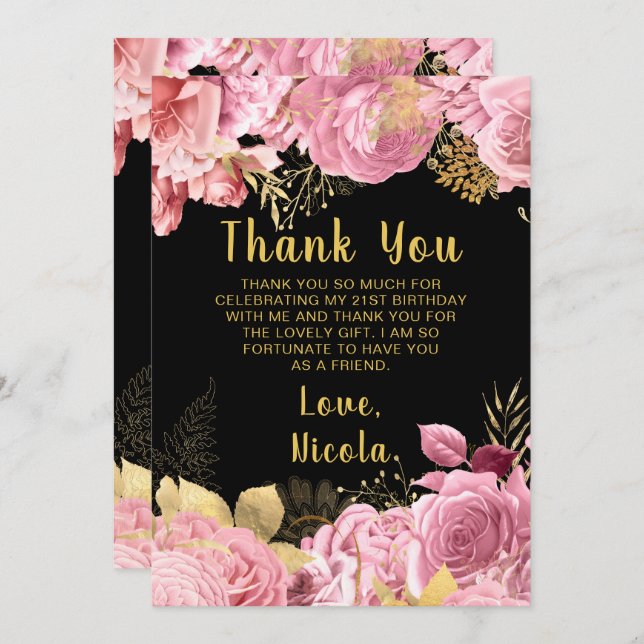 Tarjeta De Agradecimiento Elegant Pink and Gold Flowers Birthday Party (Anverso / Reverso)