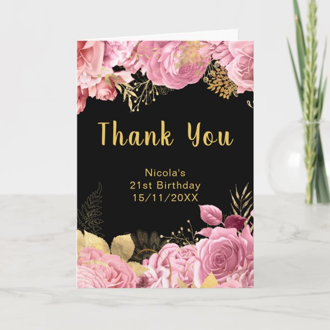 Tarjeta De Agradecimiento Elegant Pink and Gold Flowers Birthday Party (Anverso)