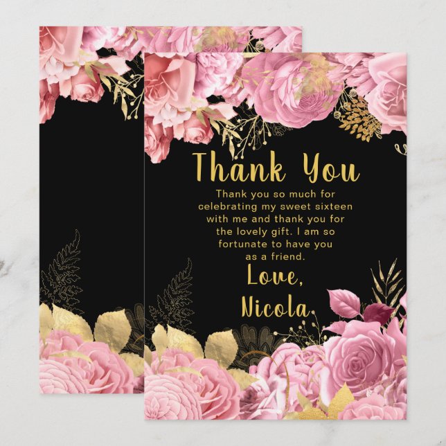 Tarjeta De Agradecimiento Elegant Pink and Gold Flowers Sweet Sixteen (Anverso / Reverso)