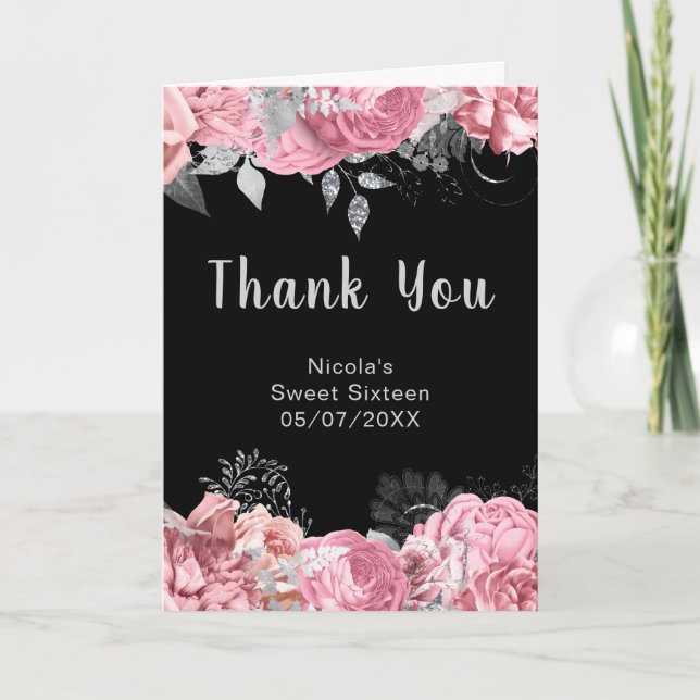 Tarjeta De Agradecimiento Elegant Pink and Silver Flowers Sweet Sixteen (Anverso)